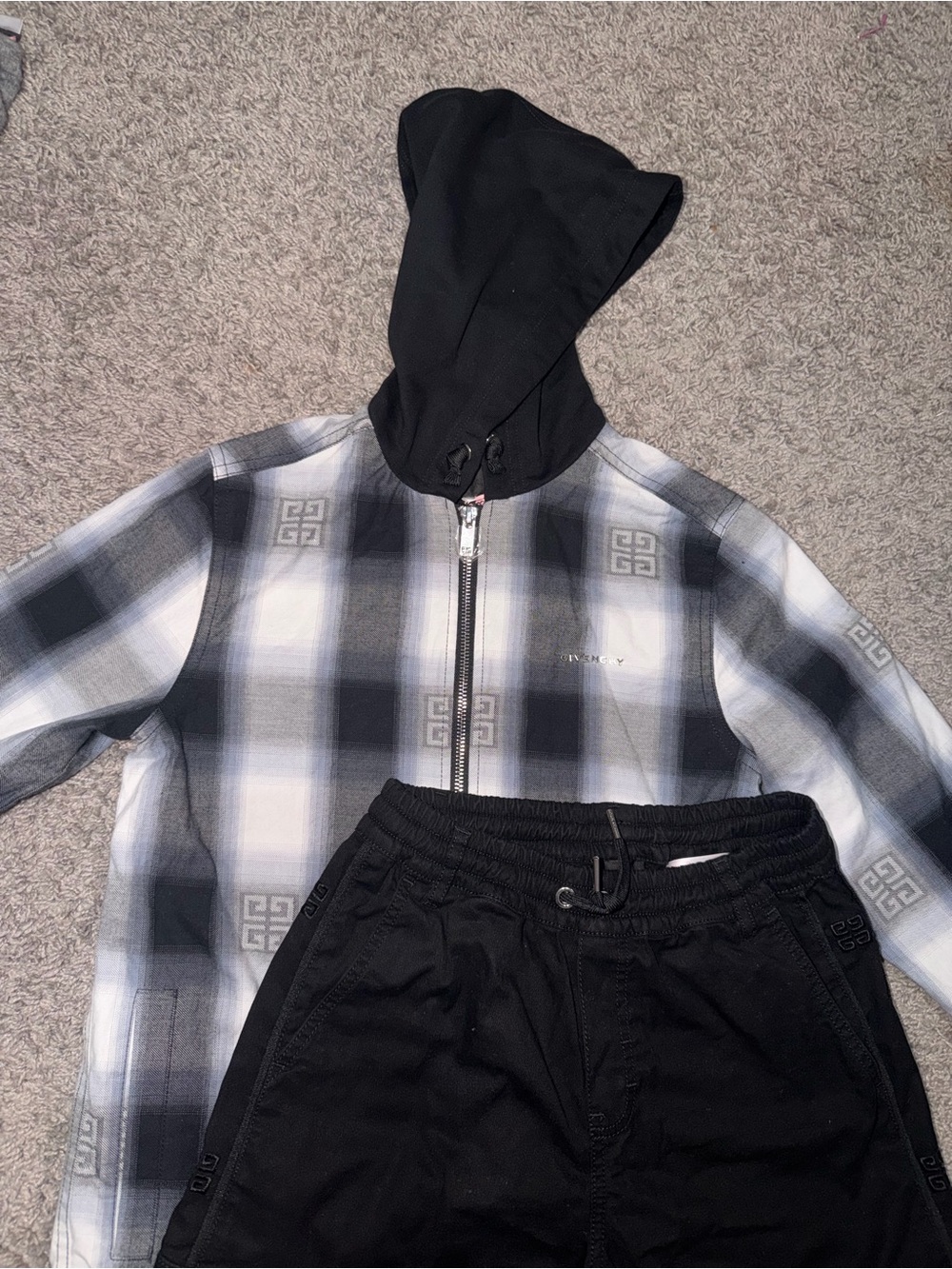 Givenchy Black & Gray Plaid Hooded Zip Jacket for Kids